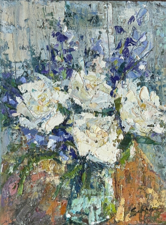 White Roses and Delphinium by artist Sue Sakahara